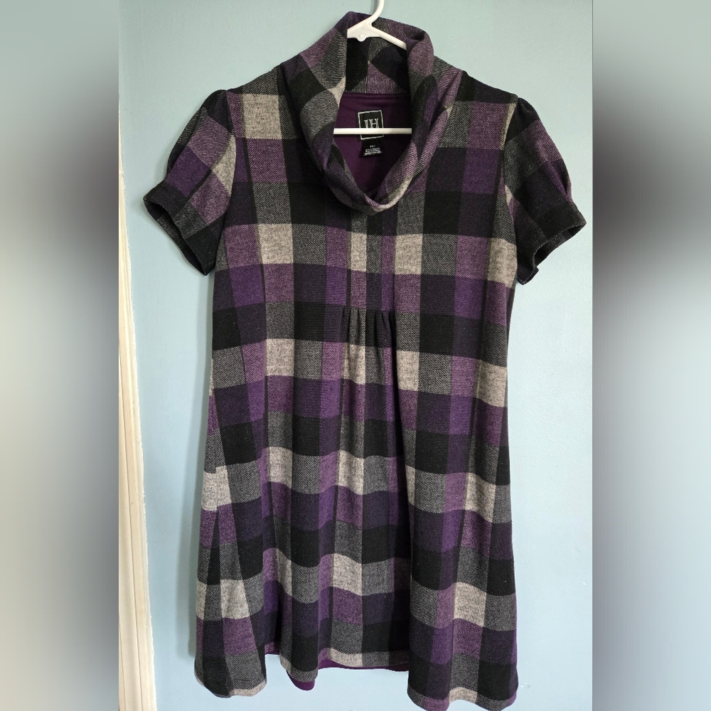 JH Brand Size PM. Cozy Purple, Grey and Black Plaid Cowl Neck Dress With A Liner